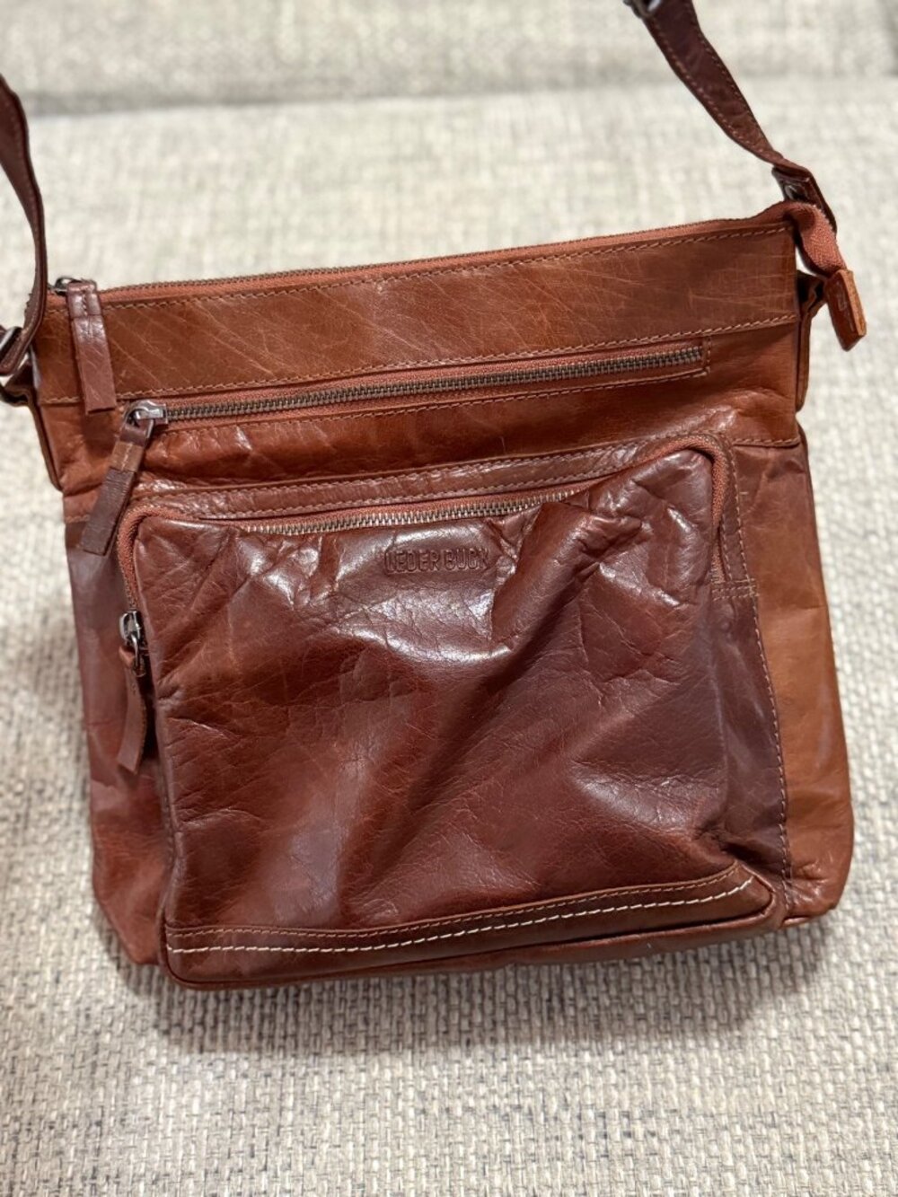 Lederbuck Olga Brown Genuine Leather Triple Zip Multi Pocket Crossbody Bag